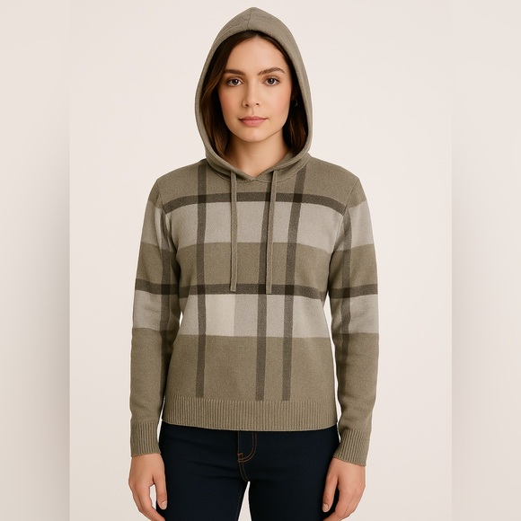 Rachel Rachel Roy Sweater Plaid Beige White Hooded size Small - Picture 1 of 15